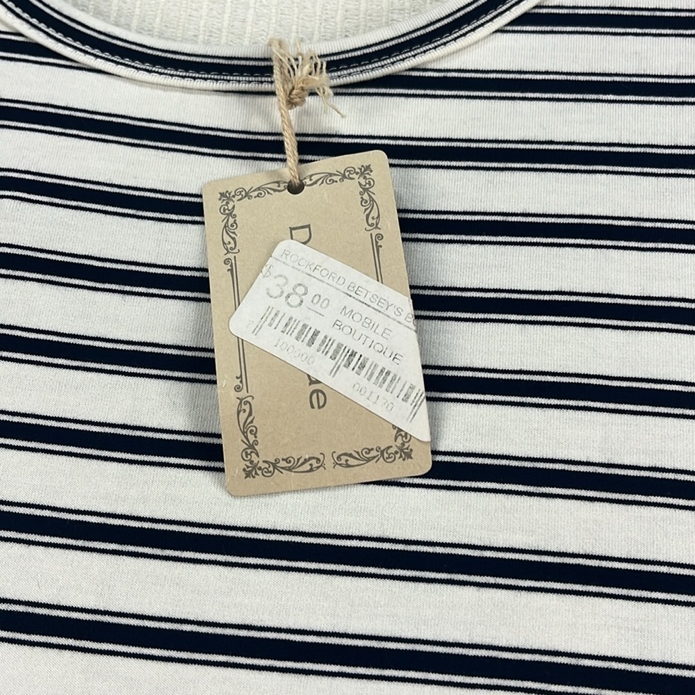 Doe & Rae Dress Navy Striped Size L Handkerchief Hem Rayon Blend - Picture 7 of 8